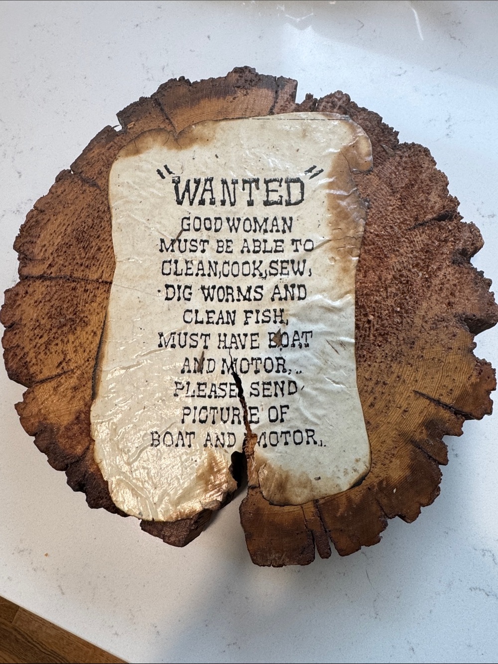 Rustic Wood Slice Sign "WANTED" with Vintage Printed Text
